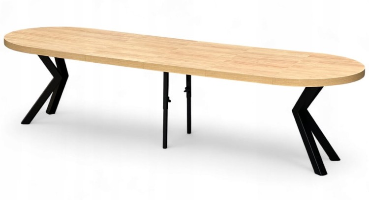 Stół duży okrągły Dąb HIKORA Ø110 rozkładany do 310 cm Nogi Czarne Metal X