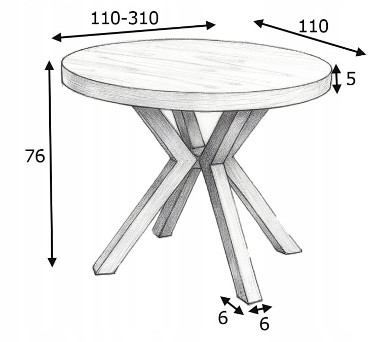 Stół duży okrągły Dąb HIKORA Ø110 rozkładany do 310 cm Nogi Czarne Metal X