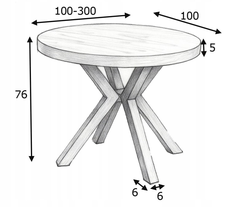 Stół duży okrągły Dąb HIKORA Ø100 rozkładany do 300 cm Nogi Czarne Metal X