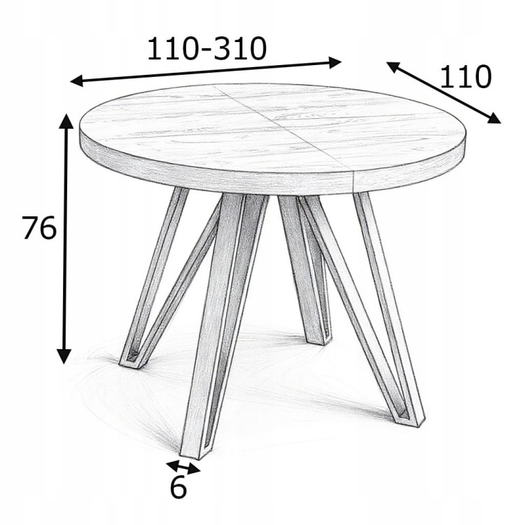 Stół okrągły Dąb HIKORA EGGER Ø110 rozkładany do 310 cm Nogi Czarny Metal