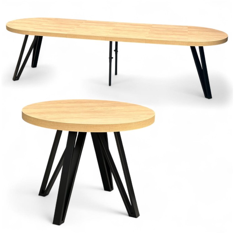 Stół okrągły Dąb HIKORA EGGER Ø100 rozkładany do 300 cm Nogi Czarny Metal