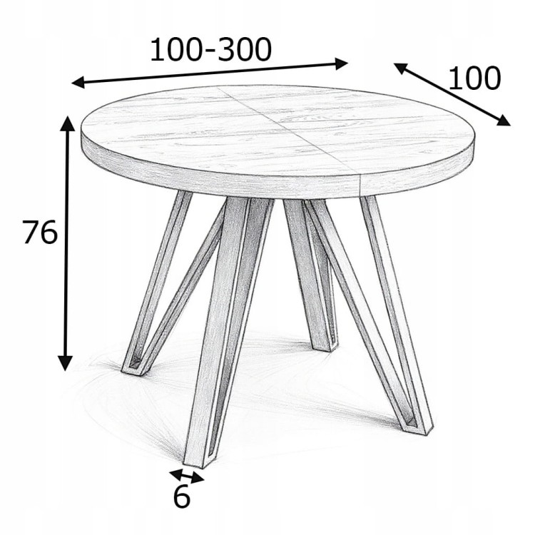 Stół okrągły Dąb HIKORA EGGER Ø100 rozkładany do 300 cm Nogi Czarny Metal