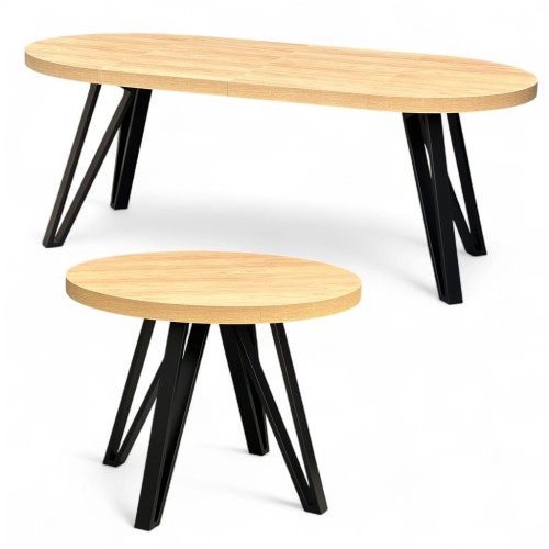 Stół okrągły Dąb HIKORA EGGER Ø110 rozkładany do 210 cm Nogi Czarny Metal