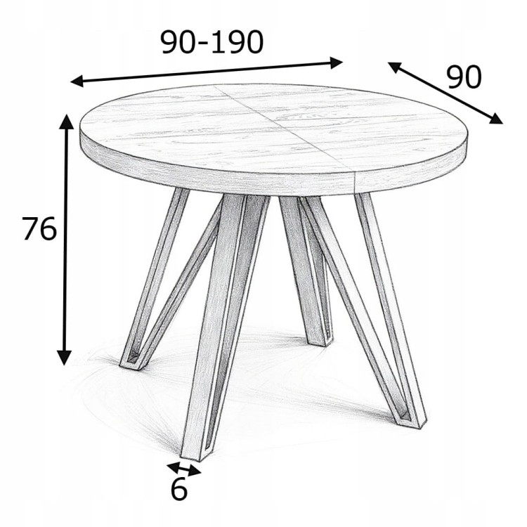 Stół okrągły Dąb HIKORA EGGER Ø90 rozkładany do 190 cm Nogi Czarny Metal