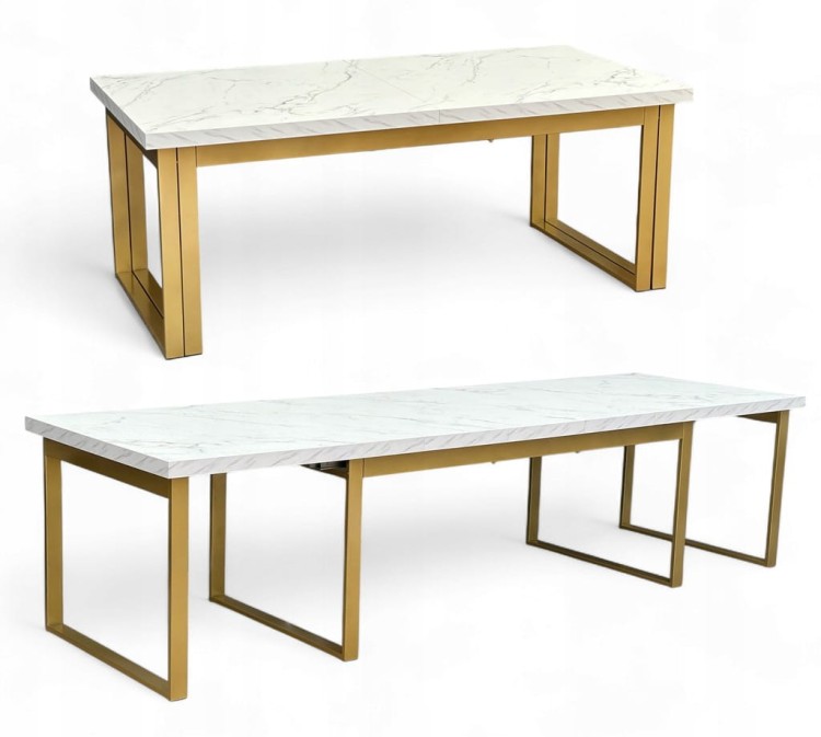 Stół Duży Złoty + Marmur Biały 100x200 rozkładany do 400 cm Metalowe Nogi