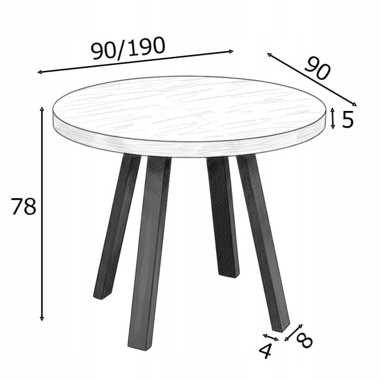 Stół rozkładany EGGER hikora okrągły Ø90/190 cm nogi metalowe czarne