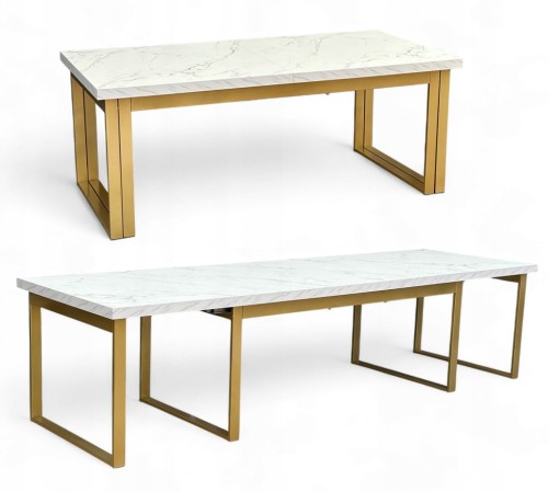 Stół Duży Złoty + Marmur Biały 100x200 rozkładany do 400 cm Metalowe Nogi