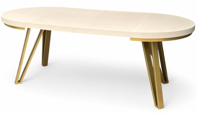Stół okrągły rozkładany 90/190 cm kaszmir + nogi industrial ZŁOTE + maskownica