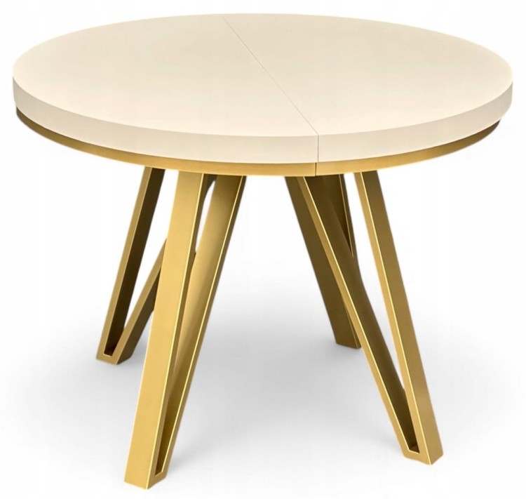 Stół okrągły rozkładany 110/310 cm kaszmir + nogi industrial ZŁOTE + maskownica