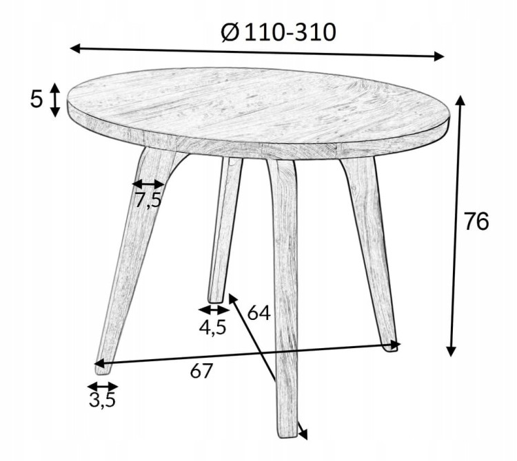 Stół okrągły rozkładany Ø110/310 FORNIR + podstawa nogi dębowe WALNUT
