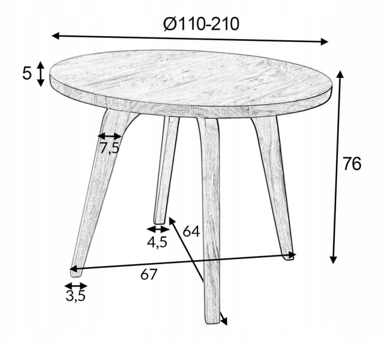 Stół okrągły rozkładany Ø110/210 FORNIR + podstawa nogi dębowe WALNUT