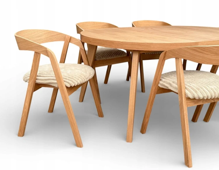 Zestaw Stół okrągły fornir 120/220 cm+ krzesła 6 szt dębowe sztaplowane