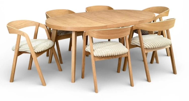Zestaw Stół okrągły fornir 120/220 cm+ krzesła 6 szt dębowe sztaplowane