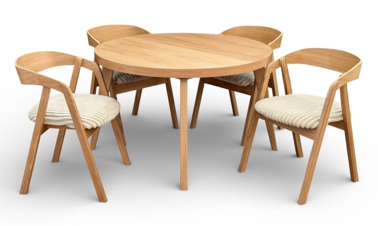 Zestaw Stół okrągły fornir 120/220 cm+ krzesła 4 szt dębowe sztaplowane