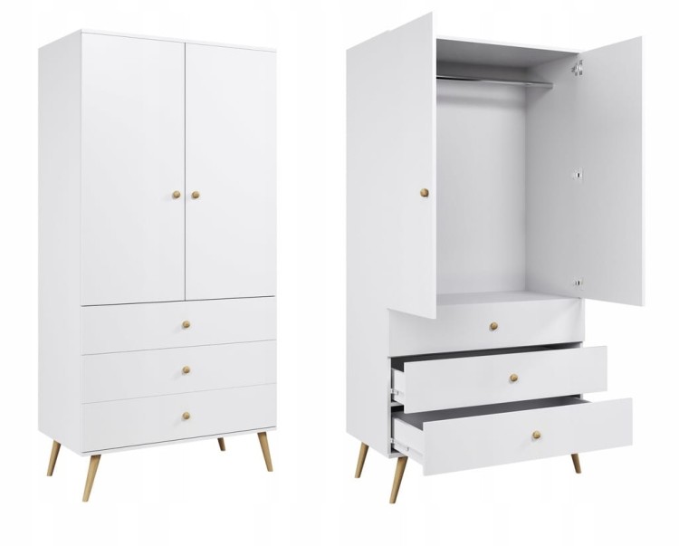 Szafa 3 SZUFLADY i drążek BIAŁA do sypialni pokoju boho skandynawska