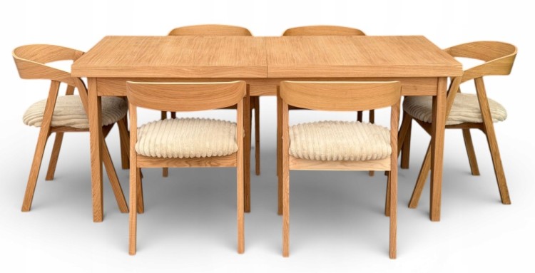Zestaw Stół FORNIR noga V 90x180/220 cm + 6 dębowe krzesła sztaplowane