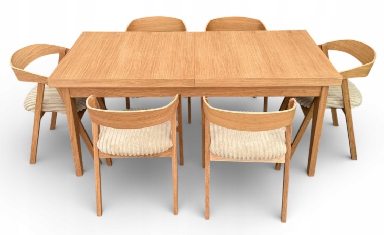 Zestaw Stół FORNIR noga V 90x180/220 cm + 6 dębowe krzesła sztaplowane