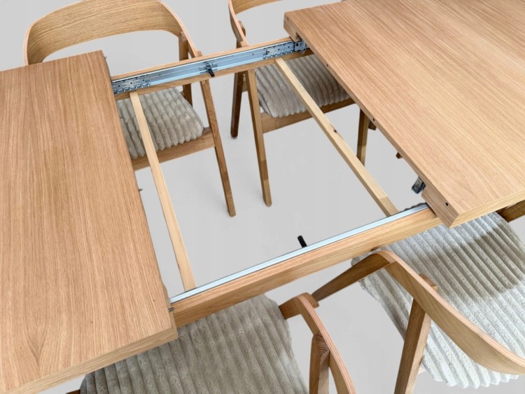 Zestaw Stół FORNIR noga V 90x180/220 cm + 6 dębowe krzesła sztaplowane