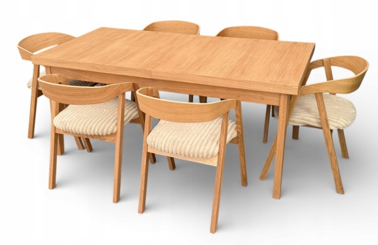 Zestaw Stół FORNIR noga V 90x180/260 cm + 6 dębowe krzesła sztaplowane