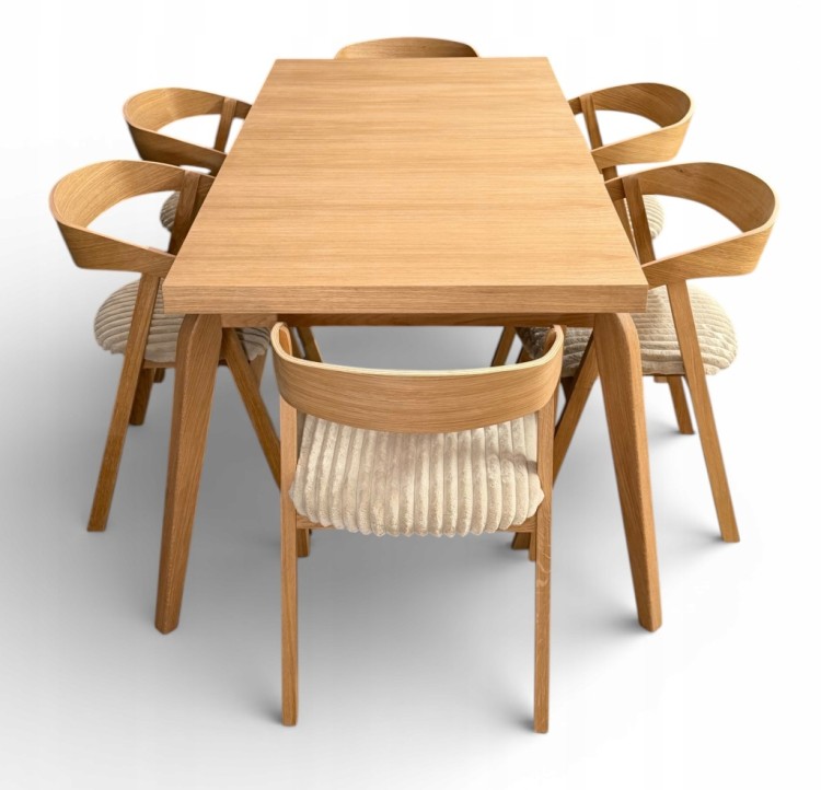 Zestaw Stół prostokątny FORNIR 90x180/260 cm + 6 dębowe krzesła sztaplowane