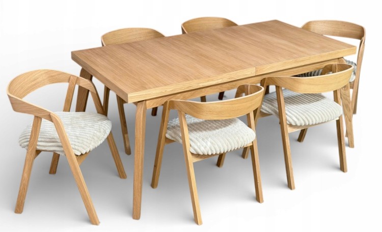 Zestaw Stół prostokątny FORNIR 90x180/220 cm + 6 dębowe krzesła sztaplowane