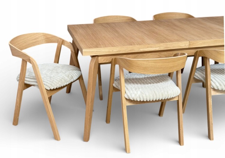 Zestaw Stół prostokątny FORNIR 90x180/220 cm + 6 dębowe krzesła sztaplowane