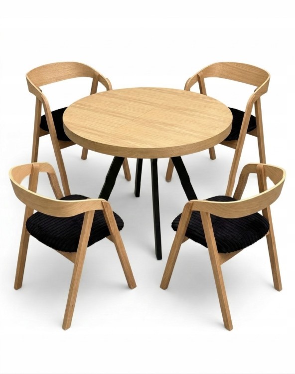 Zestaw stół fornirowany 110/310 nogi Y metal + 4 krzesła dębowe sztaplowane