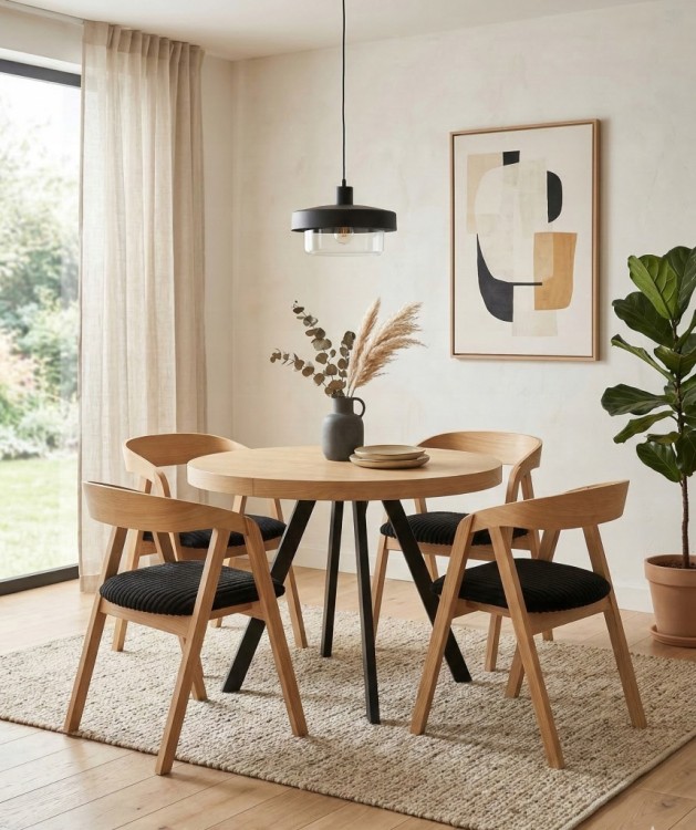 Zestaw stół fornirowany 110/310 nogi Y metal + 4 krzesła dębowe sztaplowane