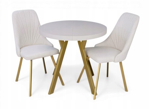 Stół okrągły 80 cm rozkładany 130 cm i 2 krzesła tapicerowane kaszmir złoto