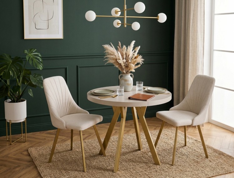 Stół okrągły 80 cm rozkładany 130 cm i 2 krzesła tapicerowane kaszmir złoto