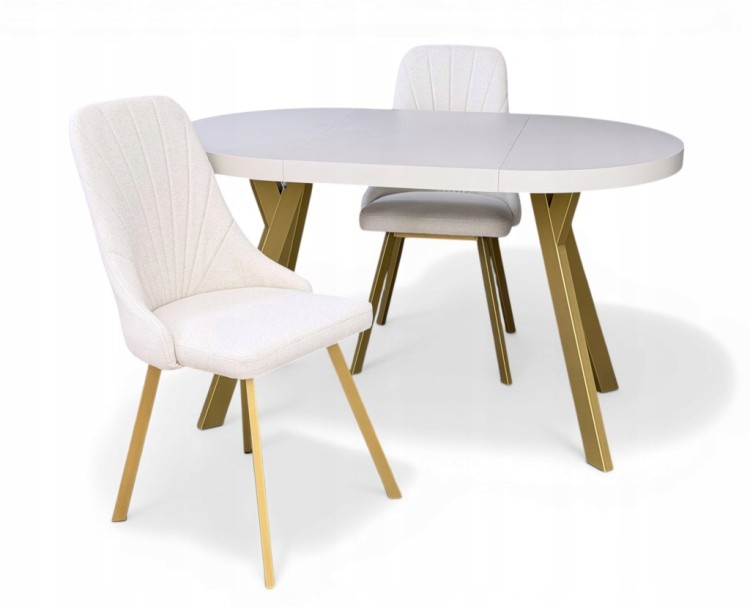 Stół okrągły 80 cm rozkładany 130 cm i 2 krzesła tapicerowane kaszmir złoto