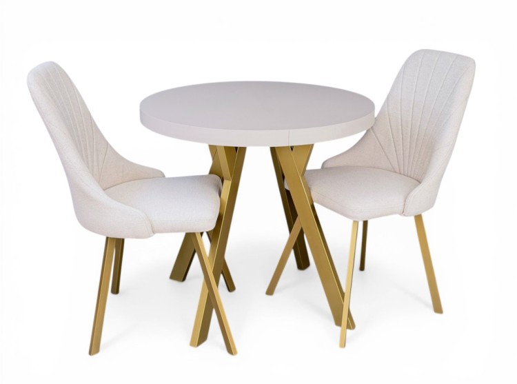 Stół okrągły 80 cm rozkładany 130 cm i 2 krzesła tapicerowane kaszmir złoto