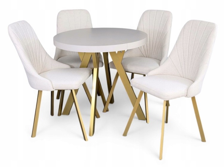 Stół okrągły 80 cm rozkładany 130 cm i 4 krzesła tapicerowane kaszmir złoto