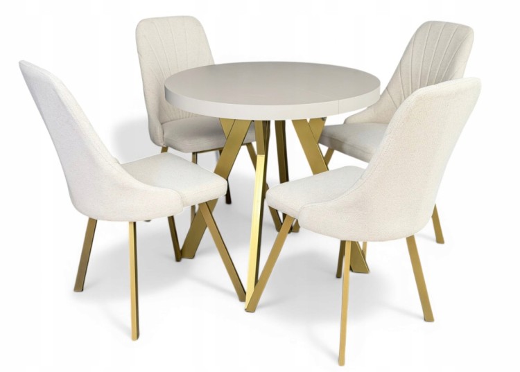 Stół okrągły 80 cm rozkładany 130 cm i 4 krzesła tapicerowane kaszmir złoto
