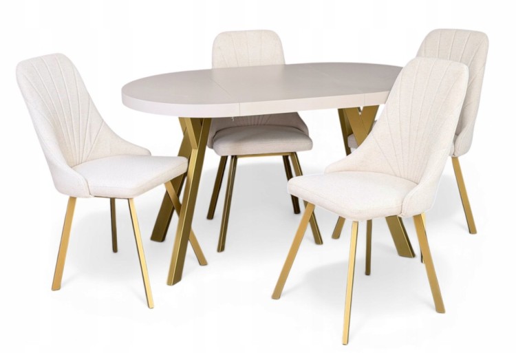 Stół okrągły 80 cm rozkładany 130 cm i 4 krzesła tapicerowane kaszmir złoto
