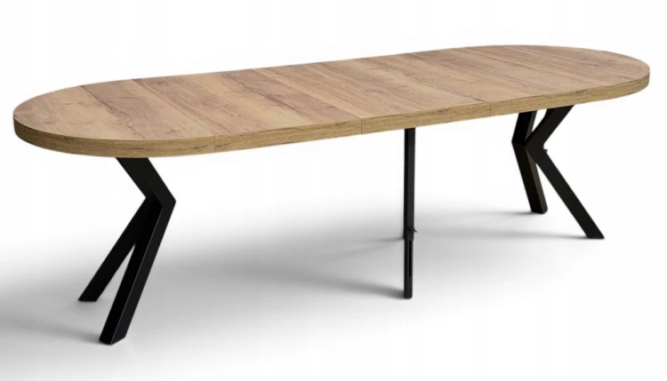 Stół HALIFAX TABAK EGGER okrągły rozkładany 110/310 cm metal X nogi czarne