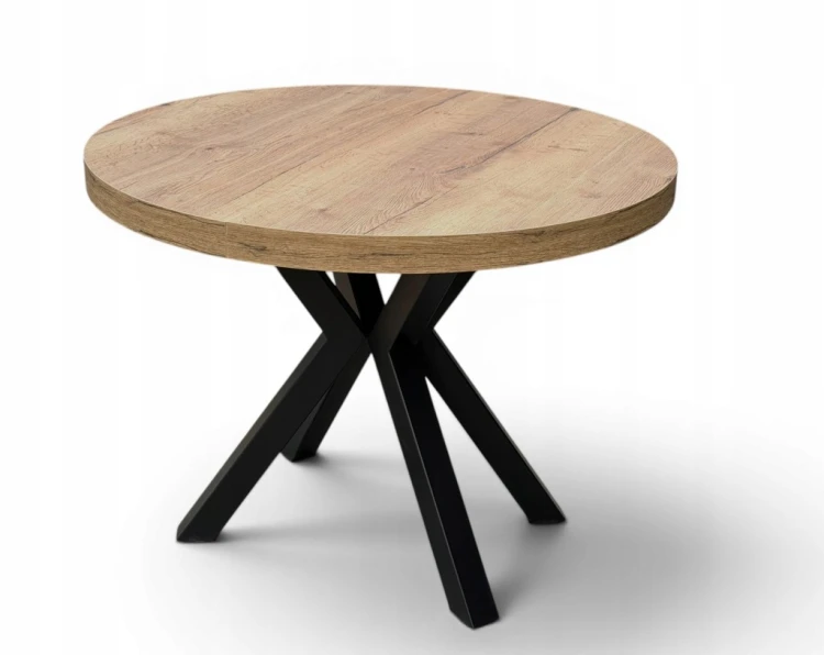 Stół HALIFAX TABAK EGGER okrągły rozkładany 100/300 cm metal X nogi czarne