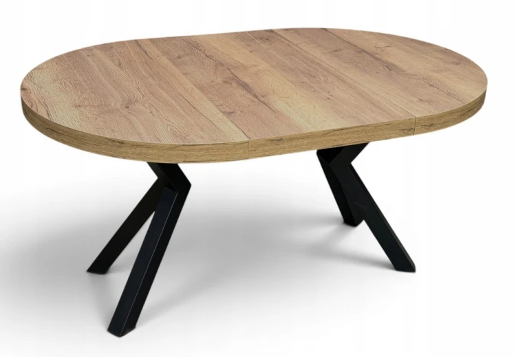 Stół HALIFAX TABAK EGGER okrągły rozkładany 100/300 cm metal X nogi czarne