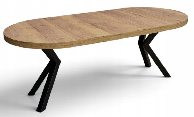 Stół HALIFAX TABAK EGGER okrągły rozkładany 110/210 cm metal X nogi czarne