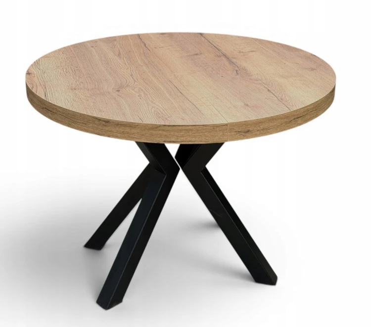 Stół HALIFAX TABAK EGGER okrągły rozkładany 110/210 cm metal X nogi czarne