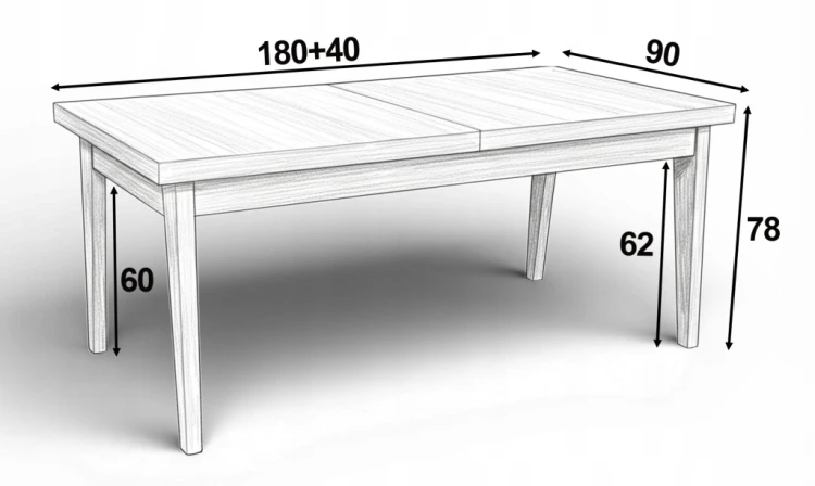 Stół prostokątny FORNIR dębowy rozkładany 90x180/220 cm nogi DĘBOWE V